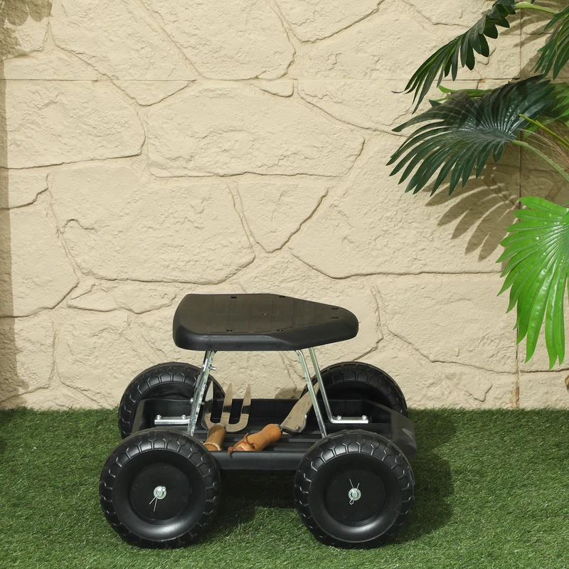 Asiento De Jardín Con Ruedas Con Bandeja De Herramientas Para Exterior Negro