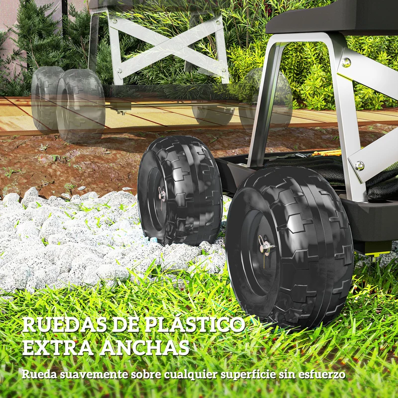 Asiento De Jardín Con Ruedas Con Bandeja De Herramientas Para Exterior Negro