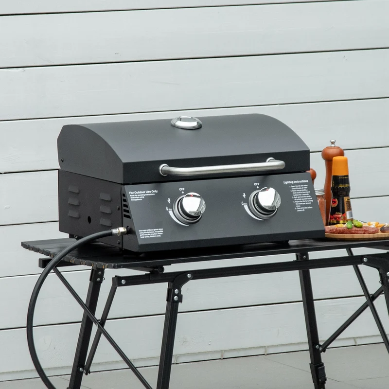 Outsunny Barbacoa De Mesa A Gas Plegable Con 2 Quemadores Tapa Y Parrillas Bbq