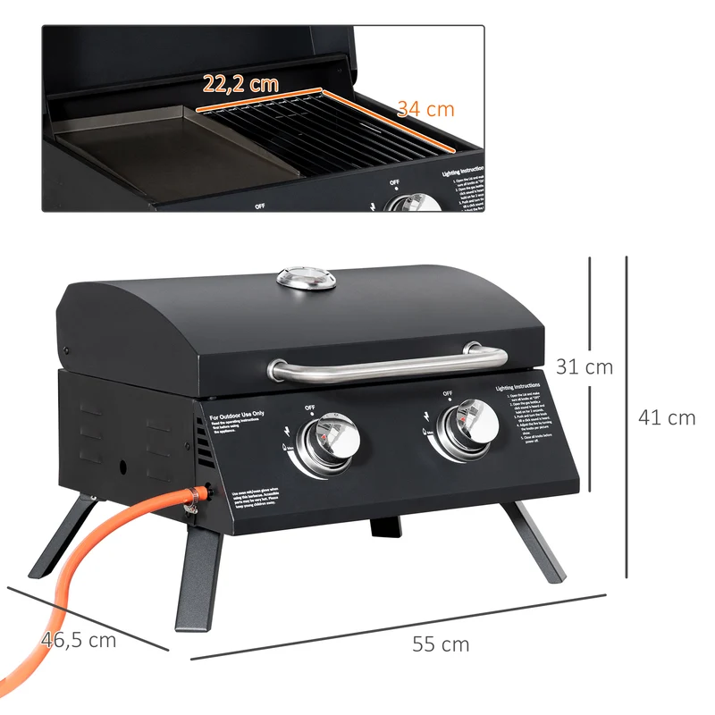 Outsunny Barbacoa De Mesa A Gas Plegable Con 2 Quemadores Tapa Y Parrillas Bbq