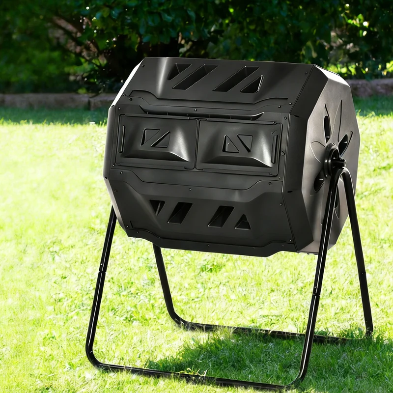 Outsunny Compostador De Tambor Giratorio 160l De Doble Cámara Marco De Acero