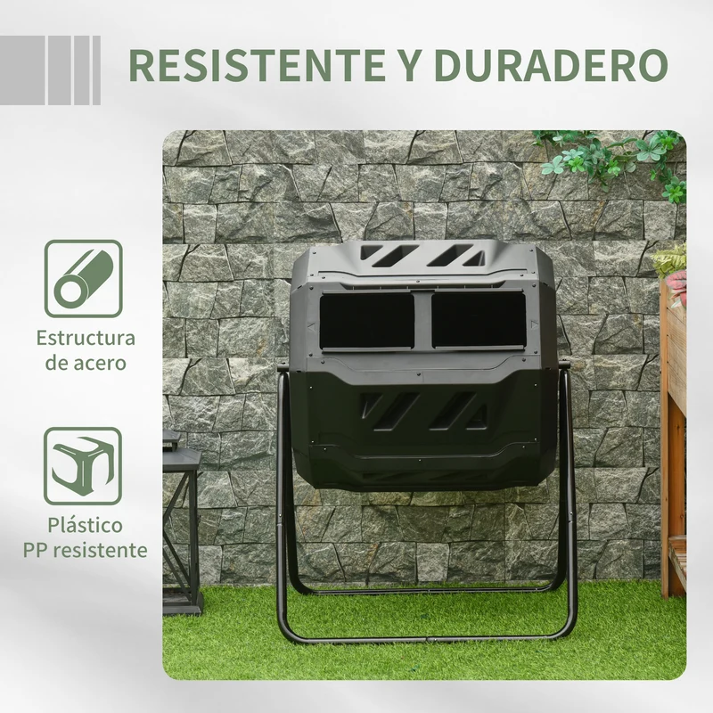 Outsunny Compostador De Tambor Giratorio 160l De Doble Cámara Marco De Acero