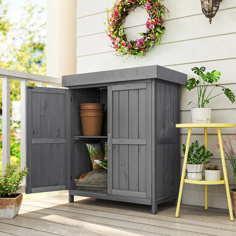 Outsunny Armario De Jardín De Madera Con 2 Puertas Techo Asfáltico 74x43x88 Cm
