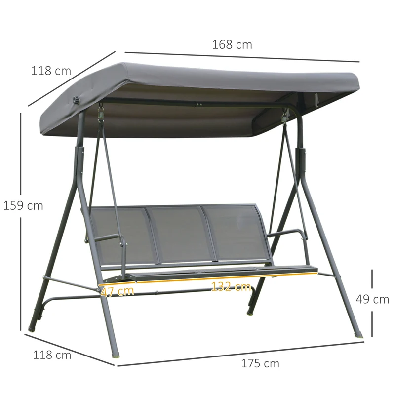 Outsunny Columpio Balancín De Jardín De 3 Plazas Con Techo Ajustable 175x118x159 Cm Gris
