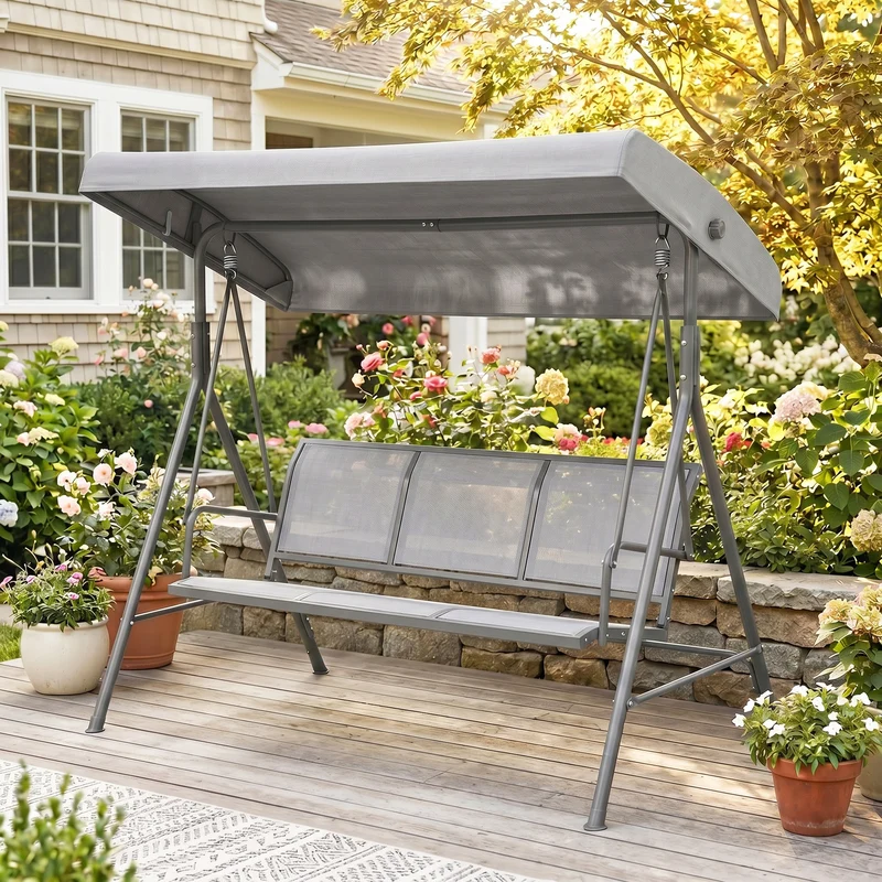 Outsunny Columpio Balancín De Jardín De 3 Plazas Con Techo Ajustable 175x118x159 Cm Gris