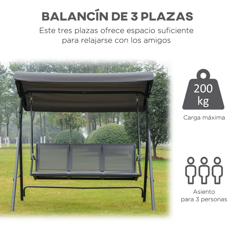 Outsunny Columpio Balancín De Jardín De 3 Plazas Con Techo Ajustable 175x118x159 Cm Gris