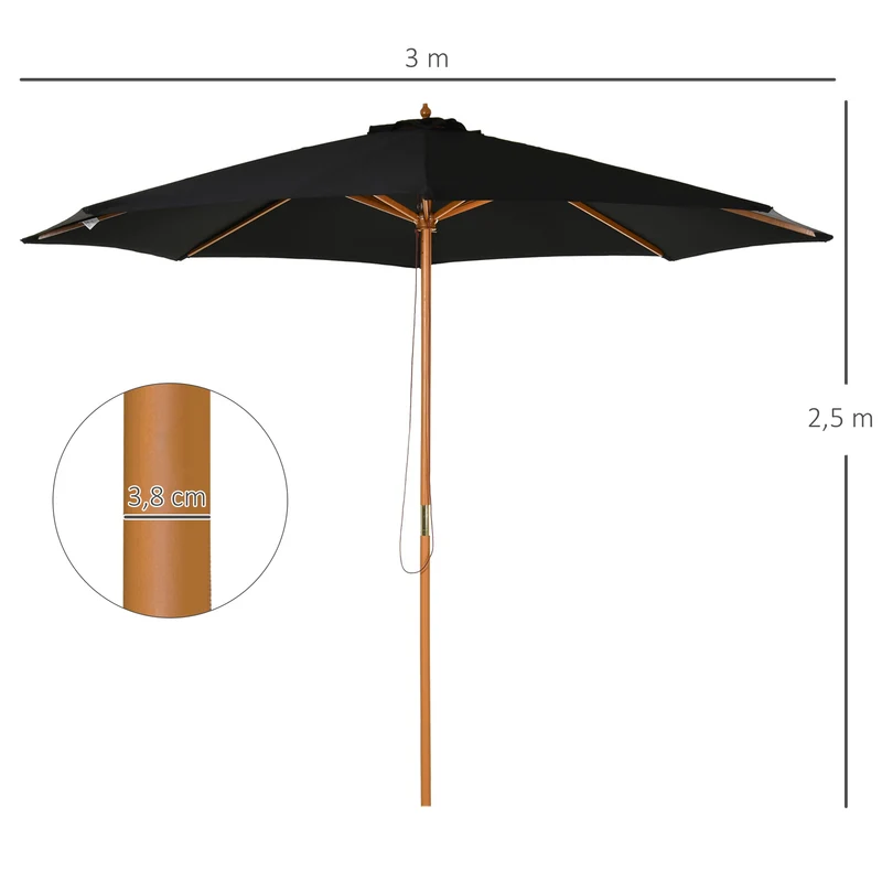 Outsunny Sombrilla Jardín Ø300x250 Cm Con Techo Ventilado Y Poste Madera Negro