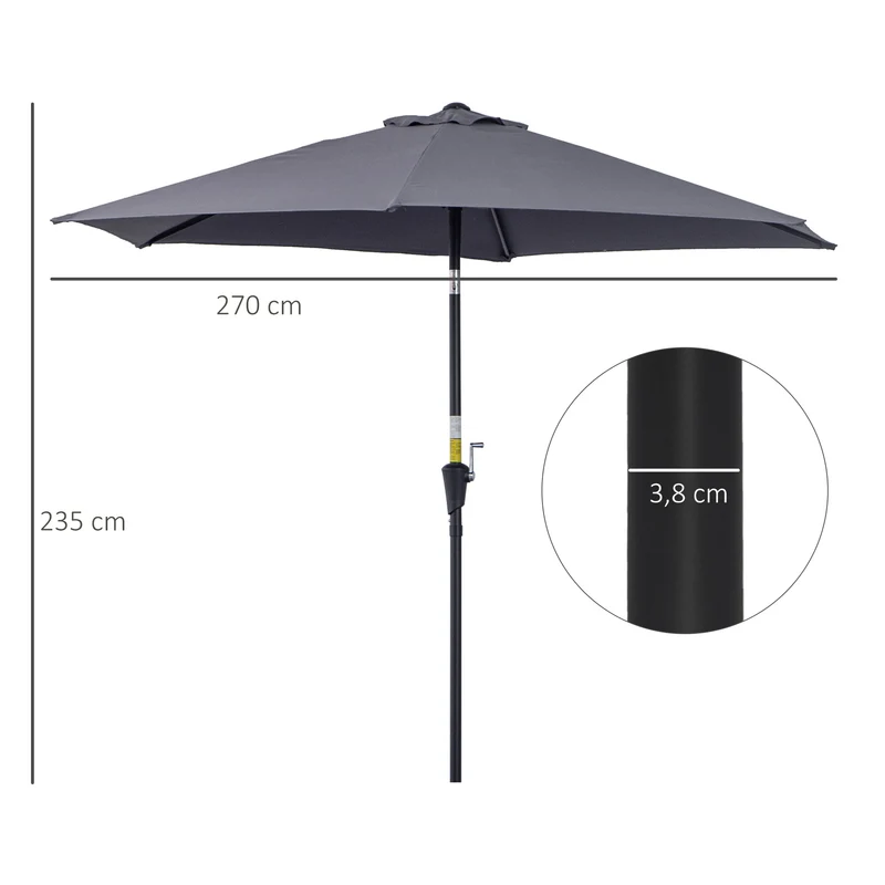 Outsunny Sombrilla De Jardín Ø260x235cm Reclinable Con Manivela 6 Varillas Gris