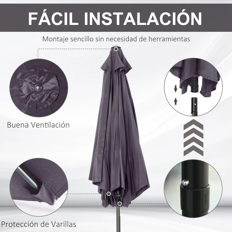 Outsunny Sombrilla De Jardín Ø260x235cm Reclinable Con Manivela 6 Varillas Gris