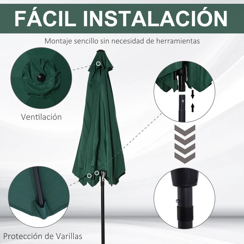 Outsunny Sombrilla De Jardín Ø260x235cm Reclinable Con Manivela 6 Varillas Verde