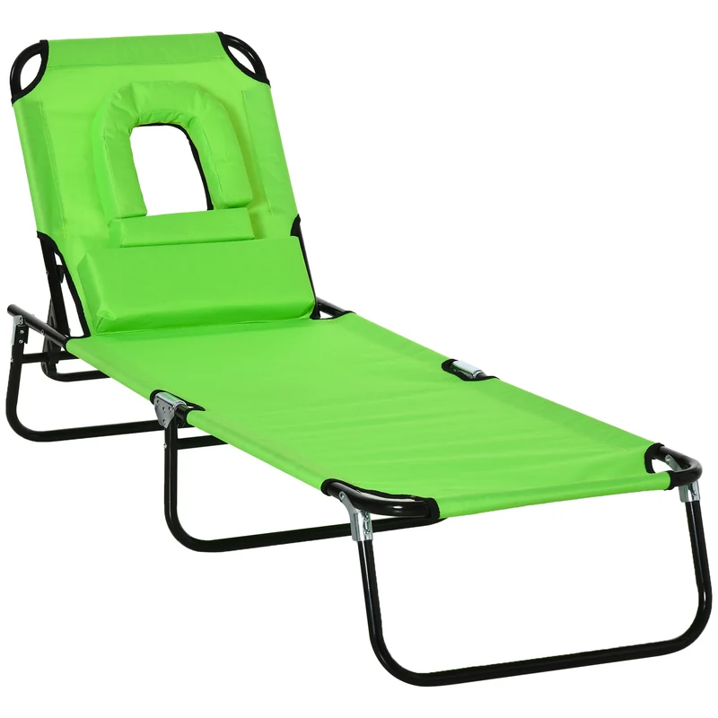 Outsunny Tumbona Plegable De Jardín Con Respaldo Ajustable Almohada Acero Verde