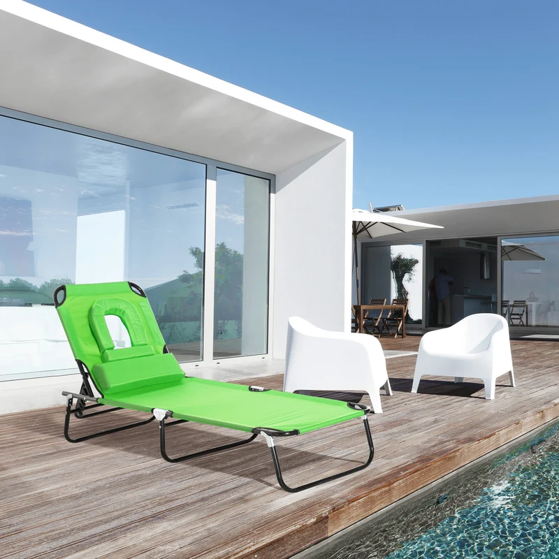 Outsunny Tumbona Plegable De Jardín Con Respaldo Ajustable Almohada Acero Verde