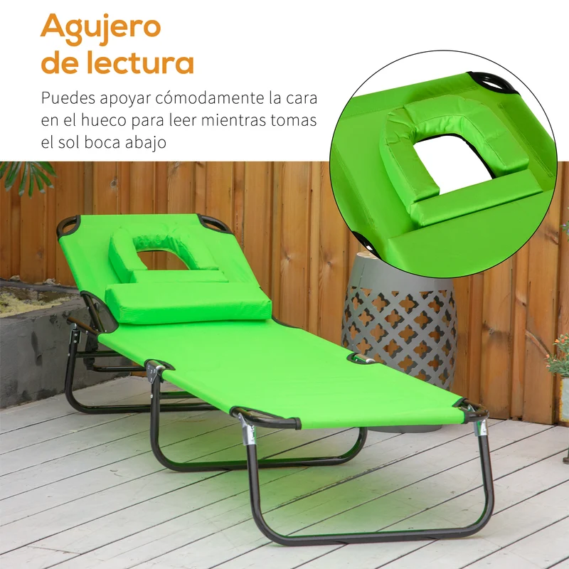 Outsunny Tumbona Plegable De Jardín Con Respaldo Ajustable Almohada Acero Verde