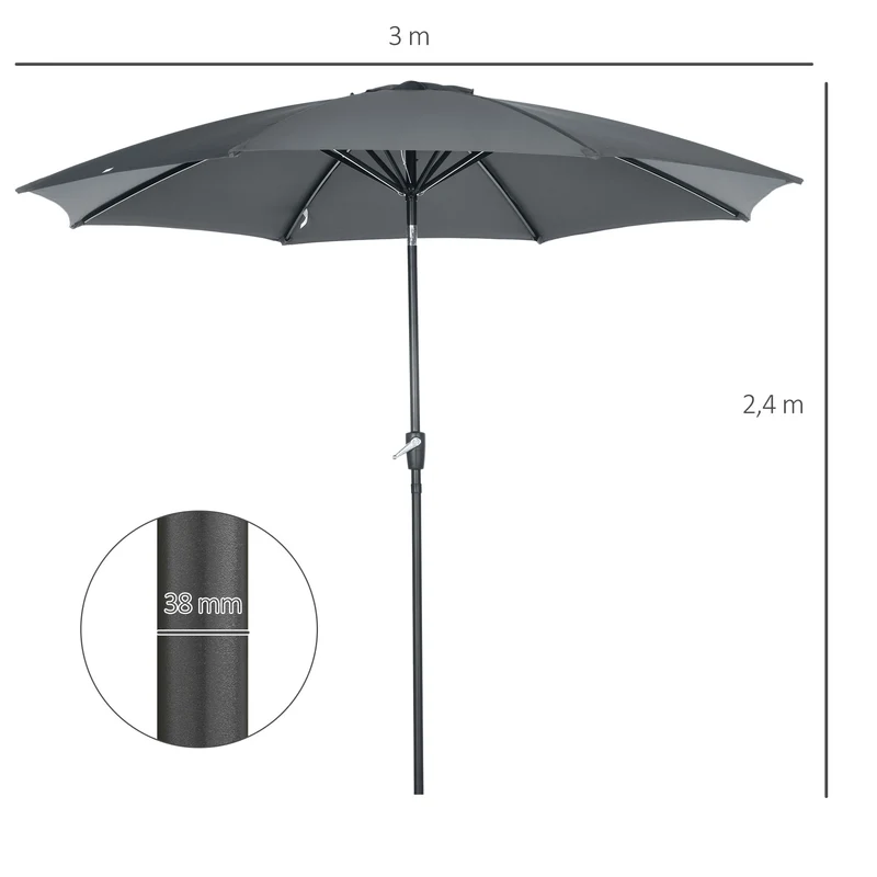 Outsunny Sombrilla De Jardín Ø300x252 Cm Con Manivela Techo Inclinable Gris