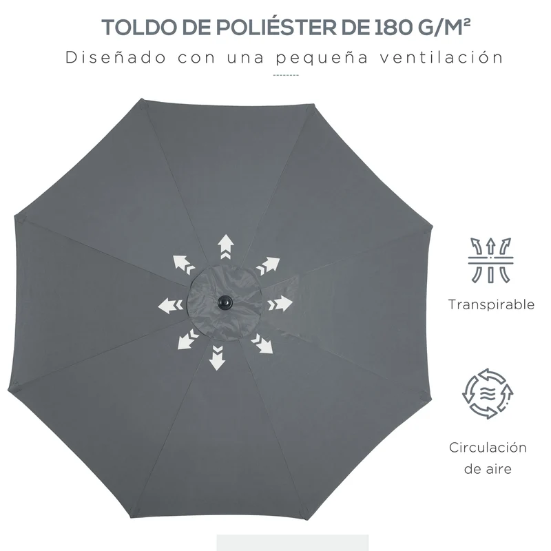 Outsunny Sombrilla De Jardín Ø300x252 Cm Con Manivela Techo Inclinable Gris