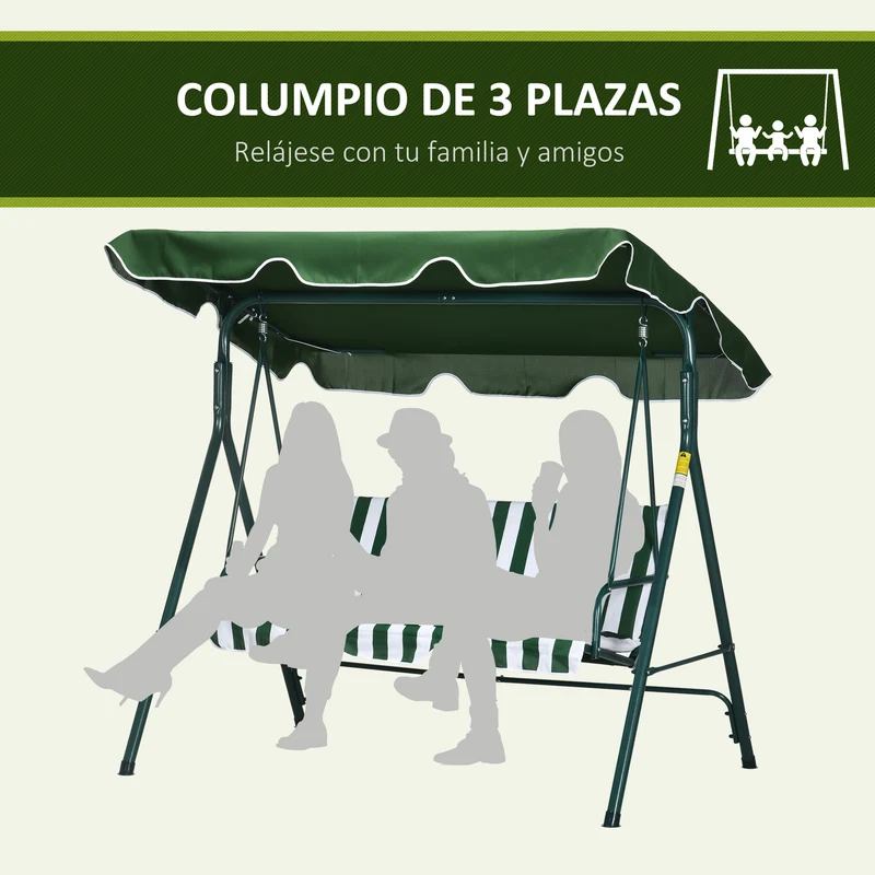 Outsunny Columpio Balancín De Jardín Exterior 3 Plazas 172x110x153 Cm Raya Verde
