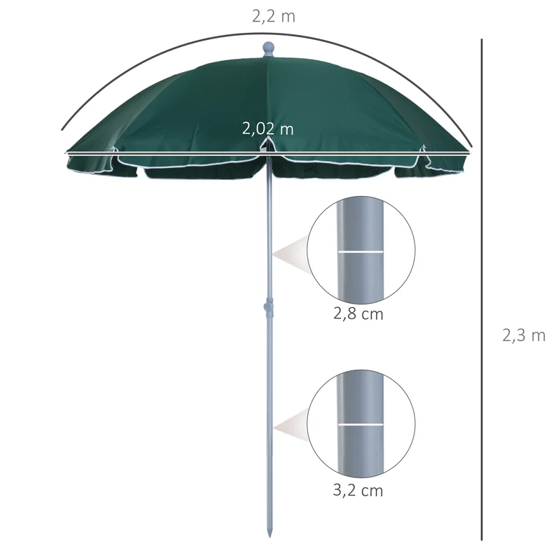 Outsunny Sombrilla De Playa Diámetro Ø202 Cm Con Techo Inclinable Poste