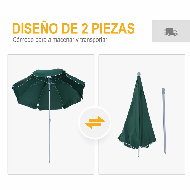 Outsunny Sombrilla De Playa Diámetro Ø202 Cm Con Techo Inclinable Poste