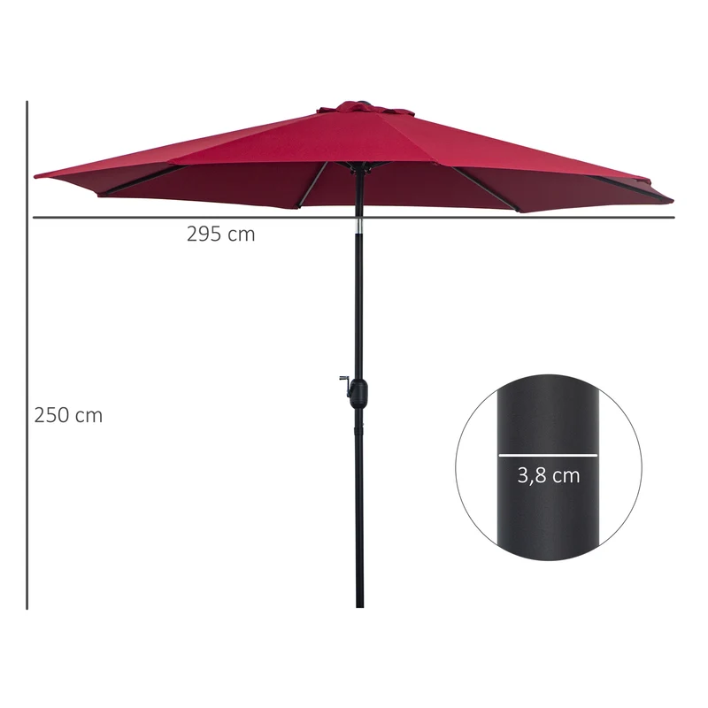 Outsunny Sombrilla De Jardín Ø295x250 Cm Con Manivela E Inclinación Vino Tinto
