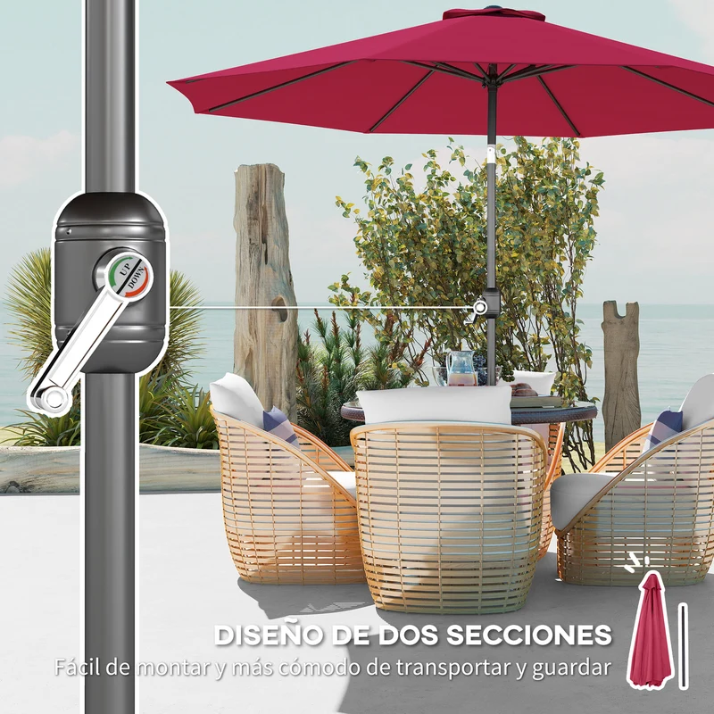 Outsunny Sombrilla De Jardín Ø295x250 Cm Con Manivela E Inclinación Vino Tinto