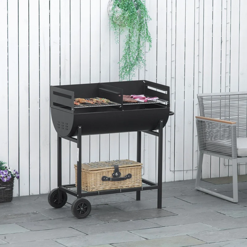 Outsunny Barbacoa De Carbón Con Parrilla Ajustable En Altura Ruedas 90x45x96 Cm