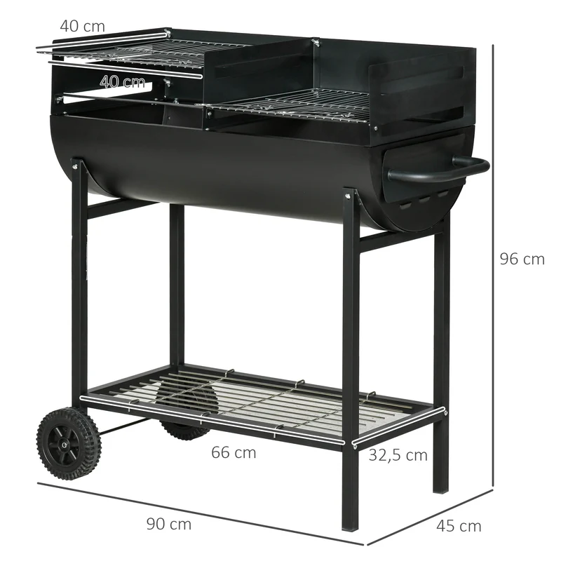 Outsunny Barbacoa De Carbón Con Parrilla Ajustable En Altura Ruedas 90x45x96 Cm