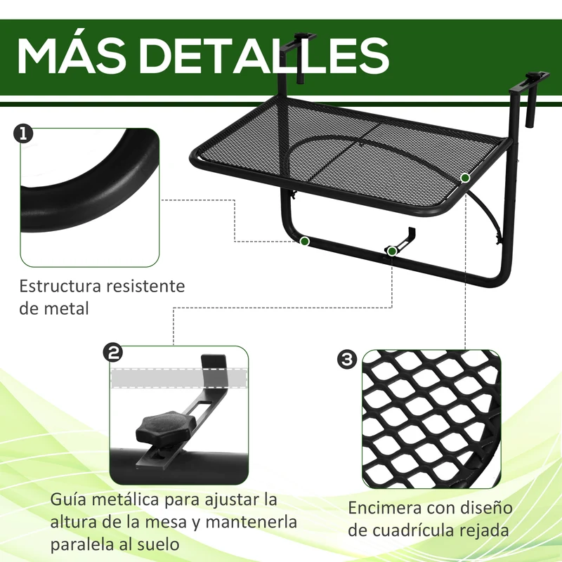 Outsunny Mesa Colgante Balcón Altura Ajustable En 3 Posiciones Carga 30kg