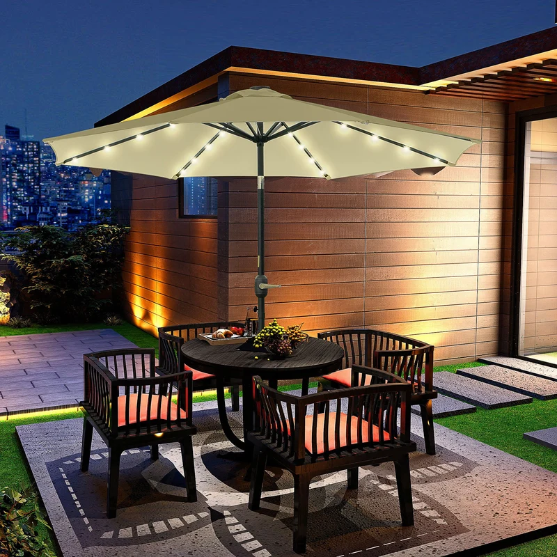 Outsunny Sombrilla Jardín Con 32 Luces Led Solares Inclinable Ø265x233 Cm Beige