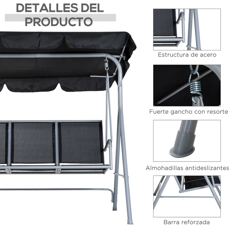 Outsunny Columpio Balancín Jardín De 3 Plazas Con Toldo Ajustable Terraza Negro