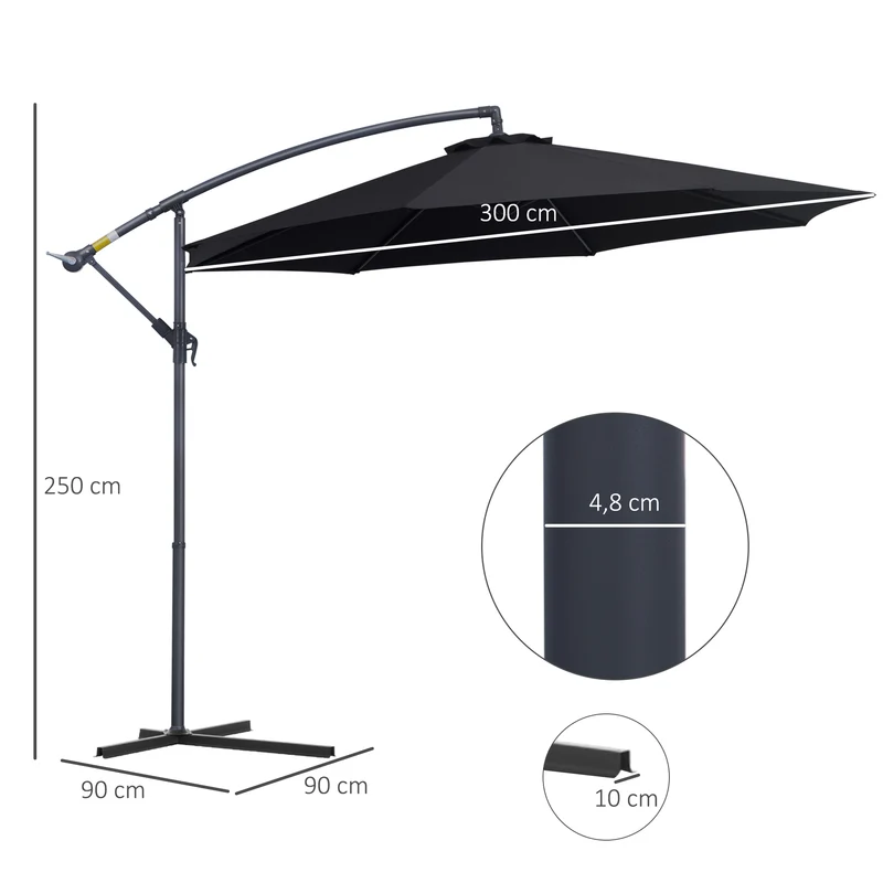 Outsunny Sombrilla De Jardín Ø295x250cm Inclinable Manivela Base Cruzada Negro
