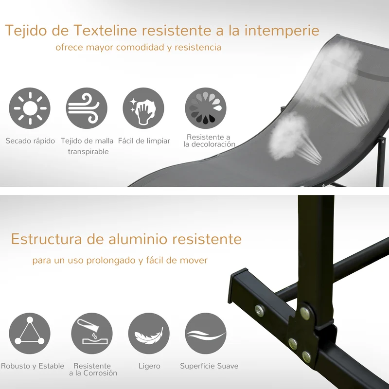 Outsunny Juego De 2 Tumbonas Plegables Con Marco De Aluminio 165x61x63 Cm Gris