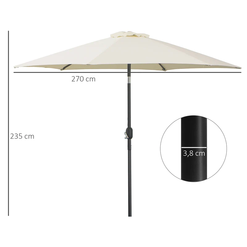 Outsunny Sombrilla De Jardín Ø260x235cm Reclinable Con Manivela 6 Varillas Crema