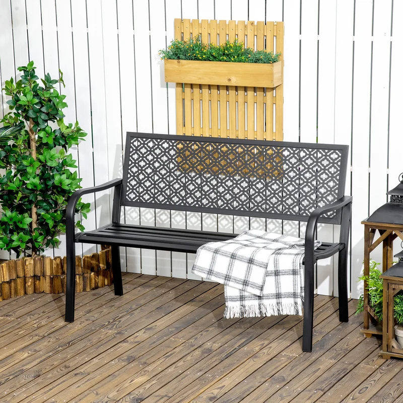 Outsunny Banco De Jardín De Acero 2 Plazas Con Respaldo Decorativo 127x63x83 Cm