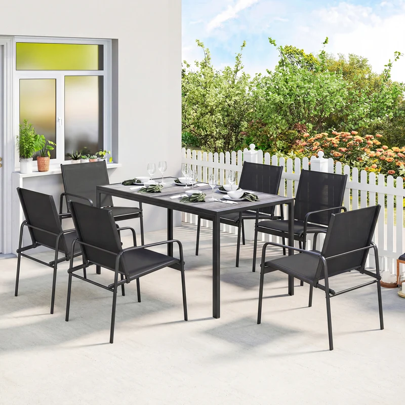 Outsunny Conjunto De Mesa Y Sillas Jardín De 7 Piezas Con Sillas Transpirables
