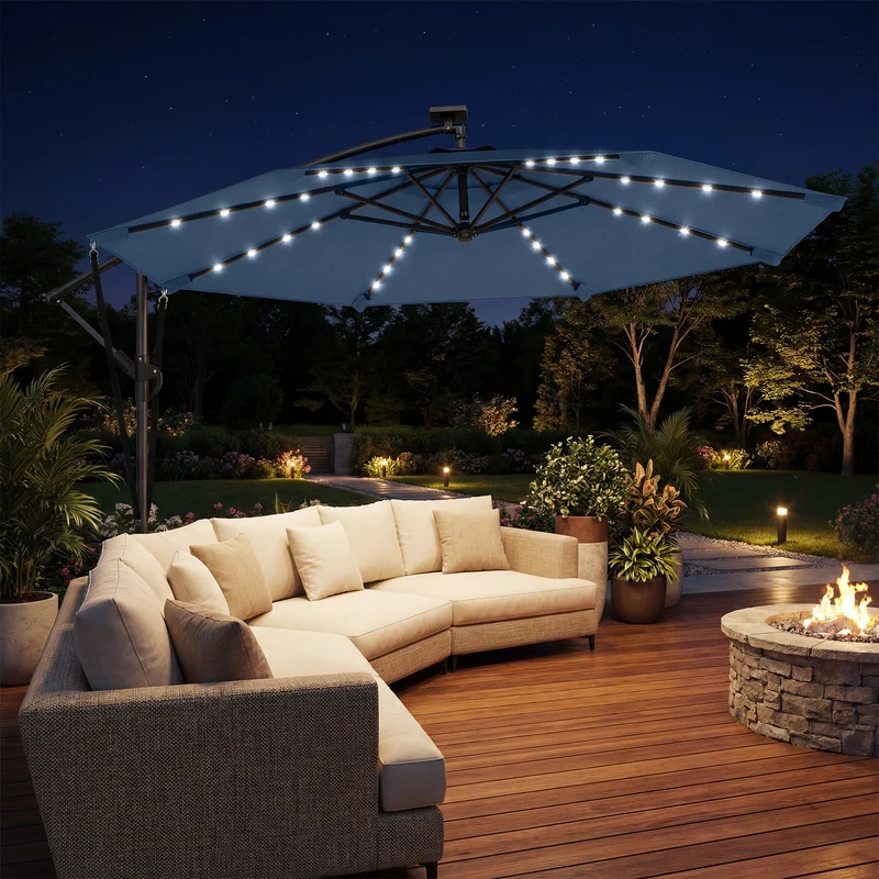 Outsunny Parasol Excéntrico De Aluminio Con Luces Led Base Cruzada Ø345 Cm Azul