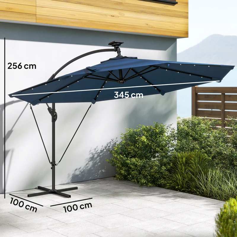 Outsunny Parasol Excéntrico De Aluminio Con Luces Led Base Cruzada Ø345 Cm Azul