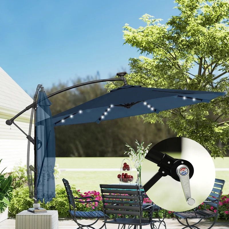 Outsunny Parasol Excéntrico De Aluminio Con Luces Led Base Cruzada Ø345 Cm Azul