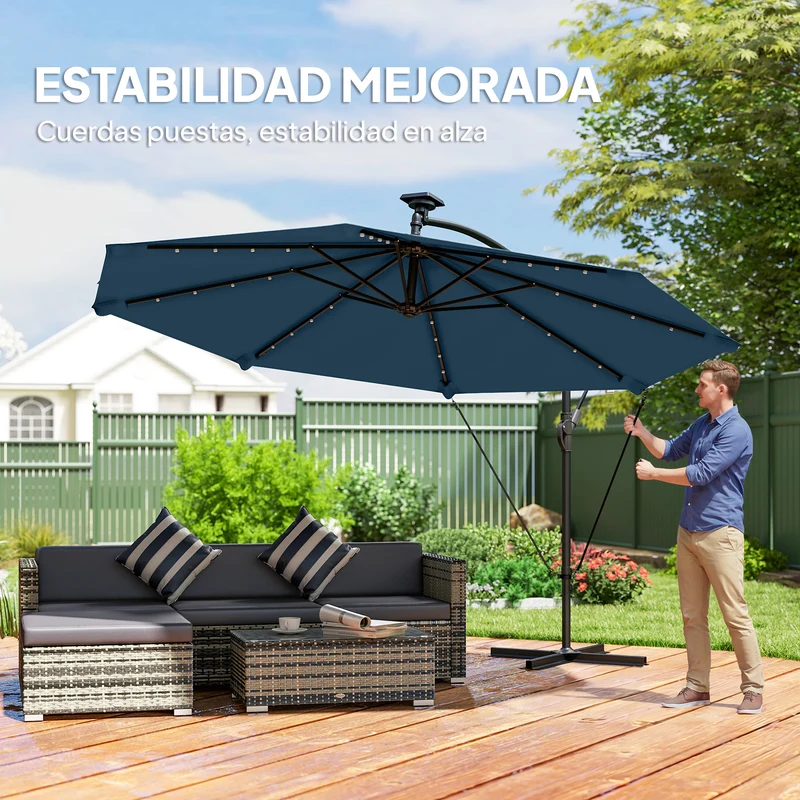 Outsunny Parasol Excéntrico De Aluminio Con Luces Led Base Cruzada Ø345 Cm Azul
