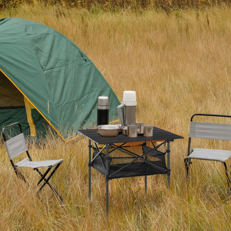 Outsunny Mesa De Camping Plegable Con Almacenaje De Malla Bolsa De Transporte