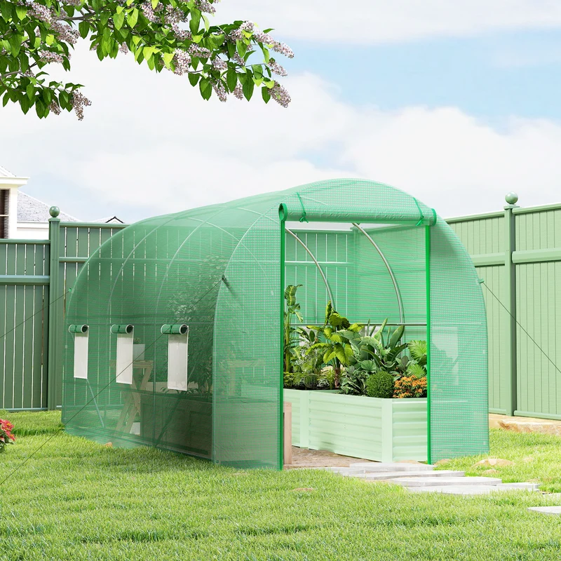 Outsunny Invernadero Túnel 400x200x200cm Con 6 Ventanas Cultivo Plantas Verde