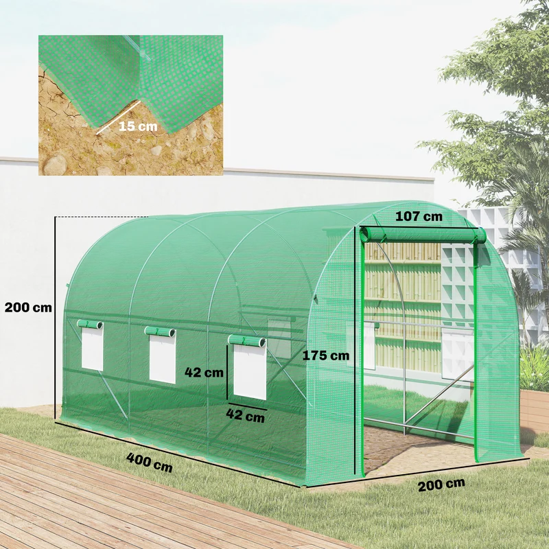 Outsunny Invernadero Túnel 400x200x200cm Con 6 Ventanas Cultivo Plantas Verde