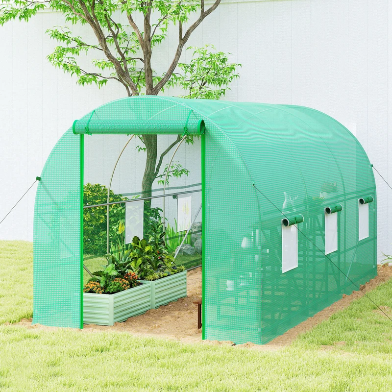 Outsunny Invernadero Túnel 400x200x200cm Con 6 Ventanas Cultivo Plantas Verde