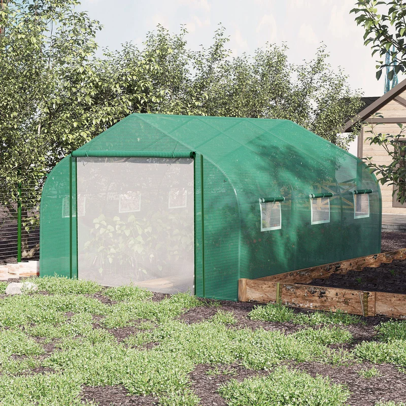 Outsunny Invernadero De Túnel Jardín 3,5x3x2m Con Puerta 6 Ventanas Enrollables