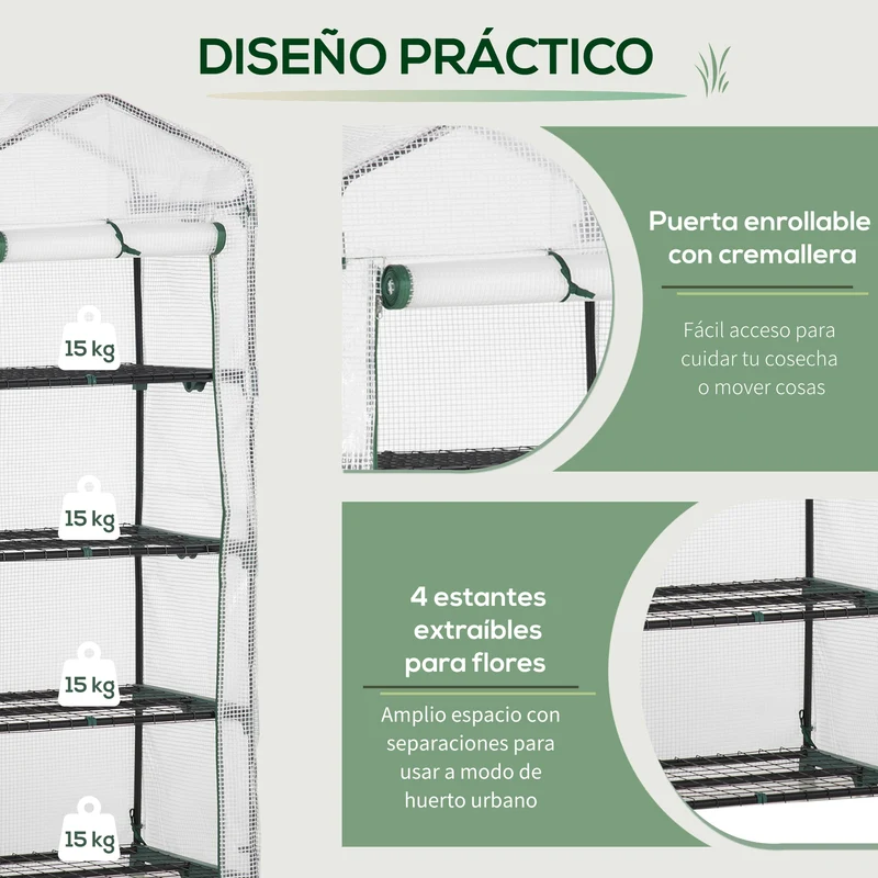 Outsunny Invernadero Jardín Con 4 Estantes Cubierta De Pe Cultivo Plantas Blanco