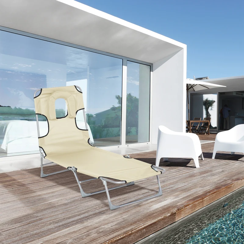 Outsunny Tumbona Reclinable Y Plegable De Jardín Con Respaldo Ajustable Beige