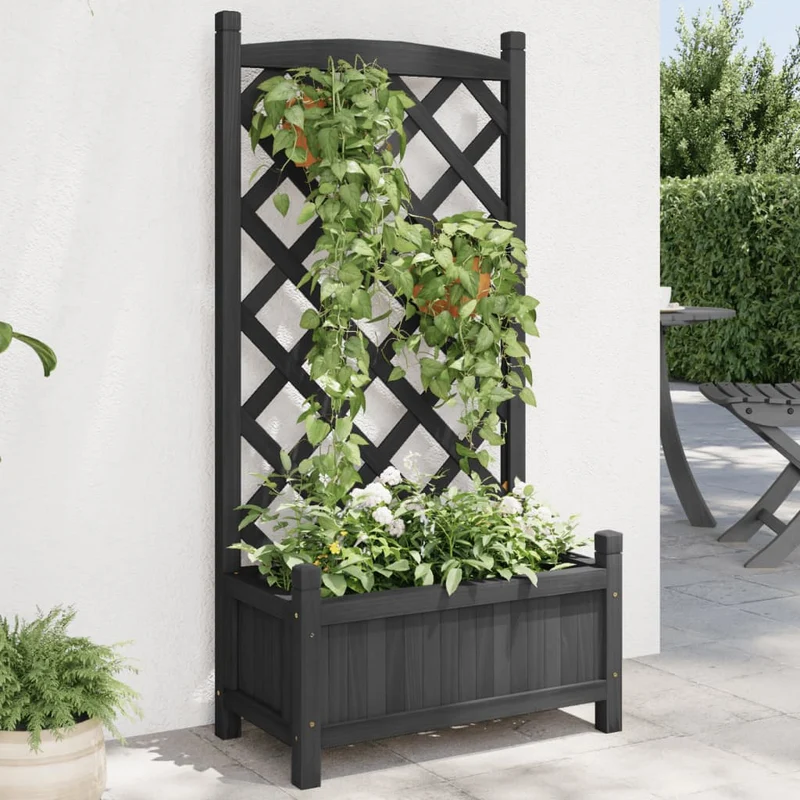 Jardinera Con Enrejado Negro 55x29,5x110 Cm Madera Maciza De Abeto