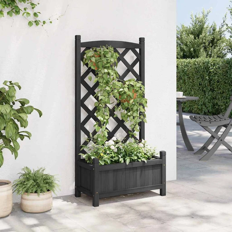 Jardinera Con Enrejado Negro 55x29,5x110 Cm Madera Maciza De Abeto