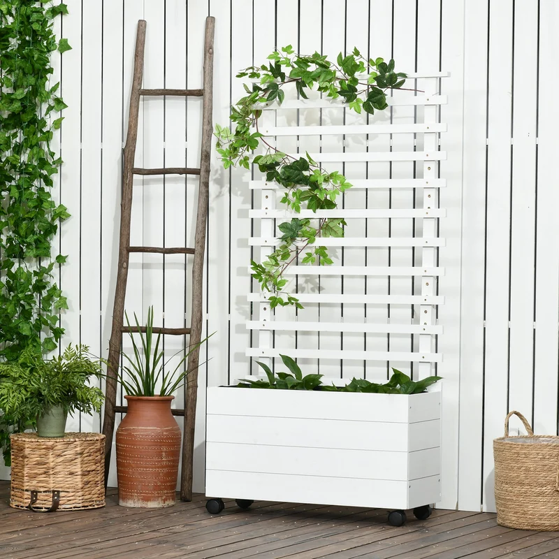 Outsunny Jardinera Con Enrejado Madera Con Ruedas Soporte Para Trepadora Blanco