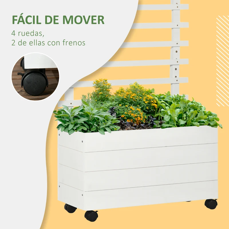 Outsunny Jardinera Con Enrejado Madera Con Ruedas Soporte Para Trepadora Blanco