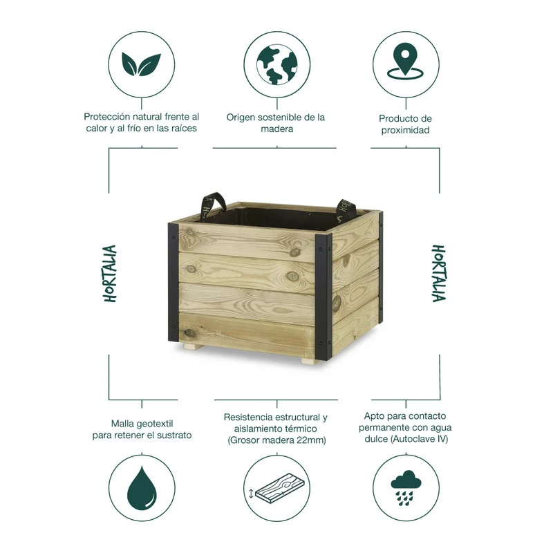 Jardinera De Madera Con Refuerzo De Aluminio 50x50x40 Cm Pun Al Hortalia